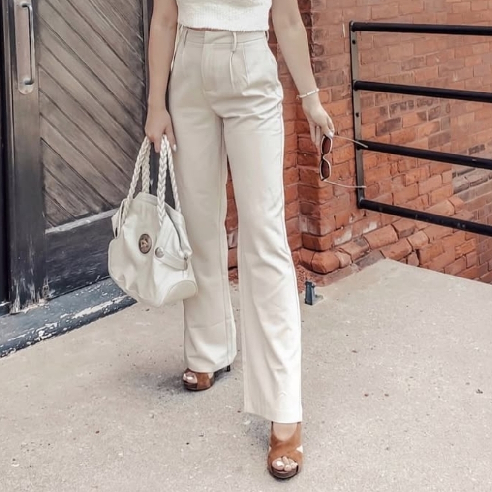 Showpo Neutral High Waist Straight Leg Beige Trousers
